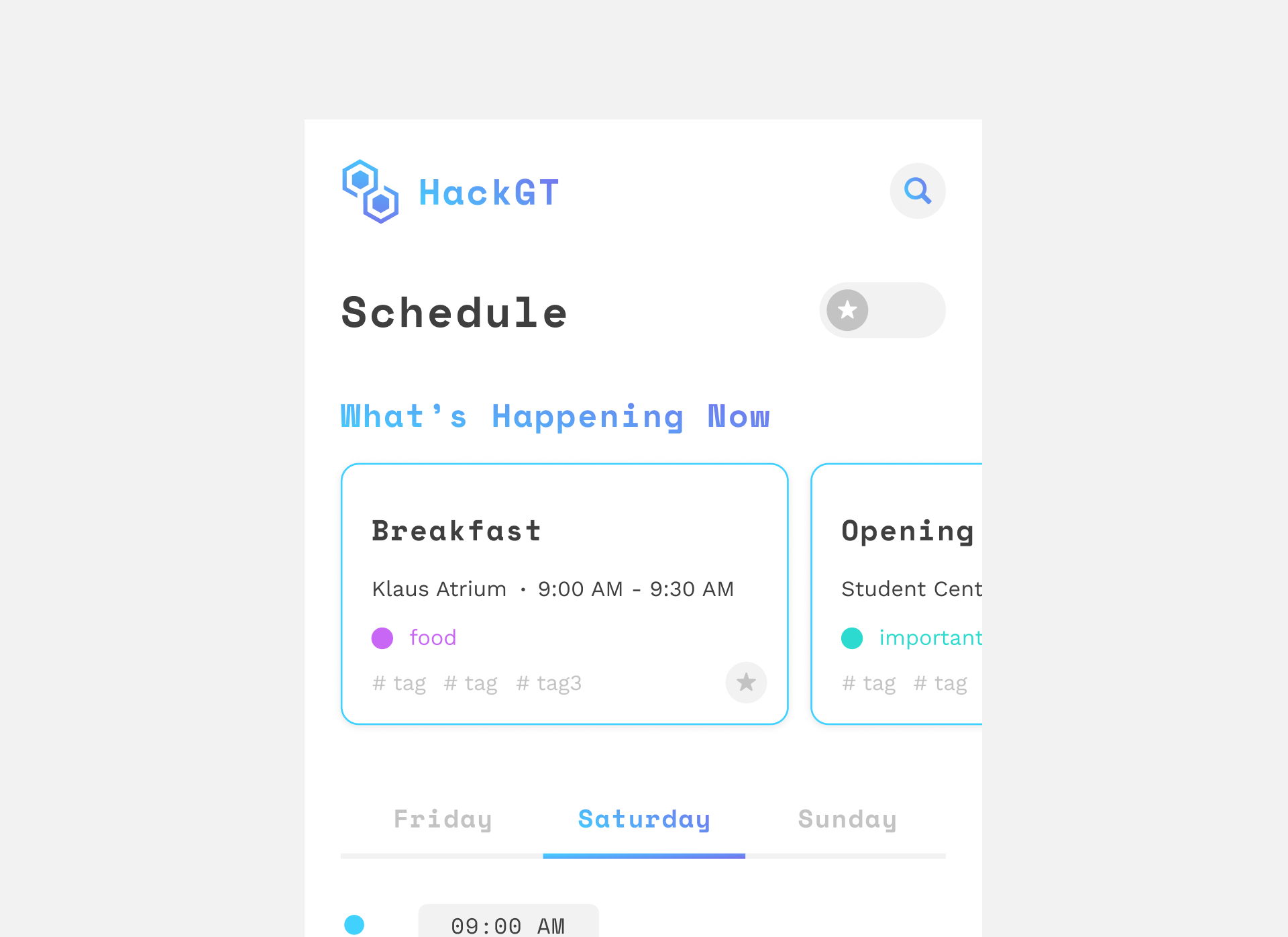 Hero shot of the HackGT scheduling app. Shows the schedule screen, with events that are currently happening now.